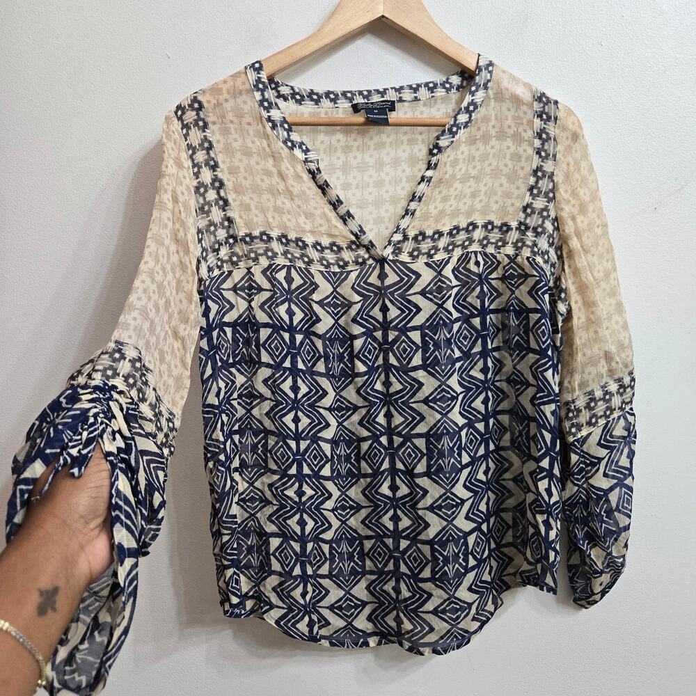 Lucky Brand Womens Boho Southwestern Tribal Print Hippie Sheer Mixed Media Top M - Picture 3 of 12